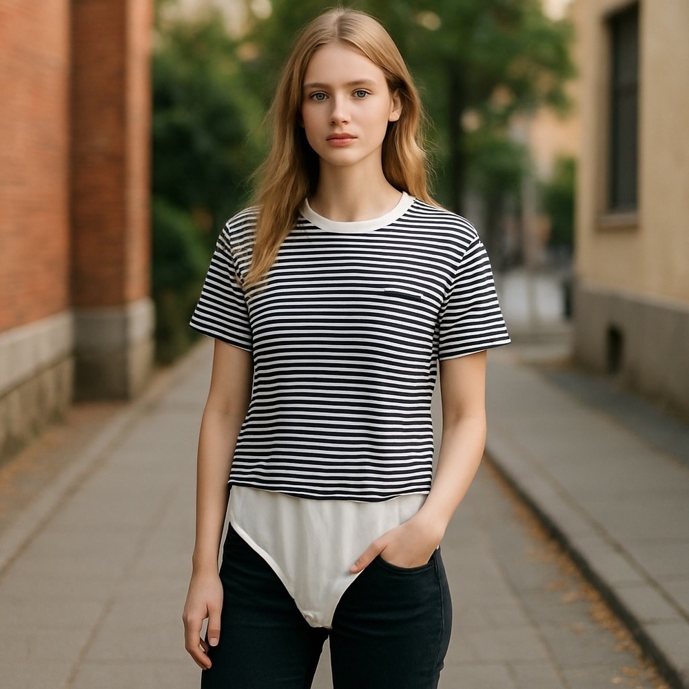 J.Crew Striped Bodysuit Top Nautical Casual Layering‎ Tee Shirt L